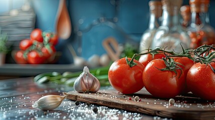 Poster - home garlic and tomatoes with kitchen counter ingredients and groceries with recipe and healthy well