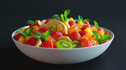 Poster - Healthy fresh delicious fruit salad with strawberries orange apple and kiwi Bowl of healthy food