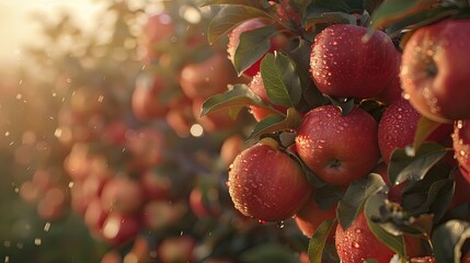 Poster - ripe royal gala red apples on tree in orchard in morning during sunrise with dew at new zealand orchard before picking season