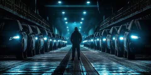 A solitary figure walks through an eerie car ferry in dark lighting with silhouettes of vehicles lining the sides