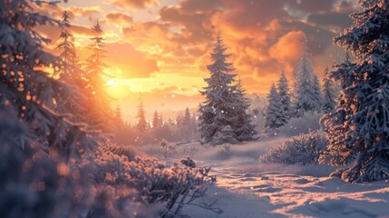 Poster - Snow dusted pines against a winter sunset s glow
