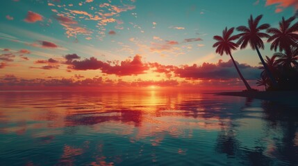 Poster - Sunset Silhouette Beach Calm Water Reflection