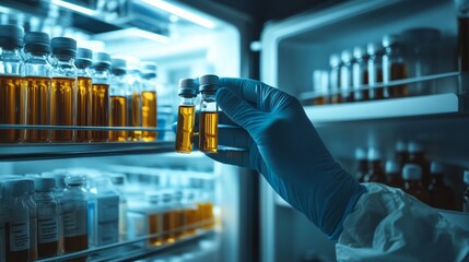Poster - A person is holding two vials of liquid in a refrigerator
