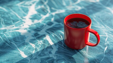 Poster - Tea time coffee break Red ceramic cup mug on blue marble surface
