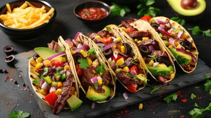 Poster - Grilled Steak Tacos with olives tomatoes red onion avocado cilantro corn shredded cheddar cheese on black platter on concrete table close up