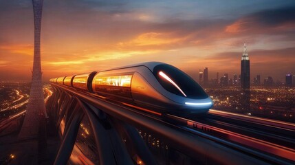 Poster - Futuristic Train in a Cityscape at Sunset