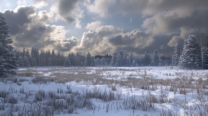 Poster - A field with white snow and a bald dense forest under a cloudy sky