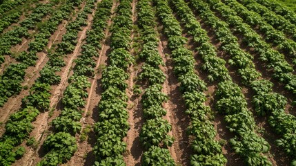 Poster - Aerial shot of potato plantation from drone pov directly above on sunny summer day