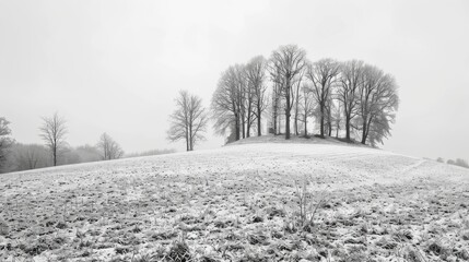 Poster - Landscape black and white hill with trees or winter on cold morning for weather or mockup space Outdoor nature scenery and field in woods for ecosystem background environment or natural habitat