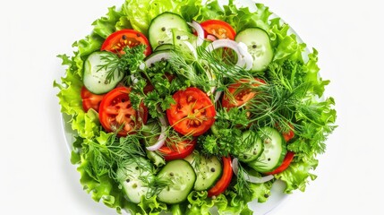 Poster - Raw green salad with vegetables and herbs healthy food Salad with cucumbers lettuce tomatoes sweet pepper green onion parsley dill and sauce in plate Vertical orientation top view