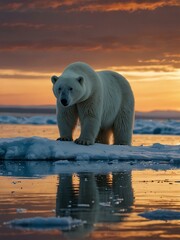Wall Mural - a majestic polar bear on an ice floe at sunset, showcasing its natural habitat.