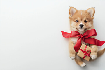 Cute puppy with a red ribbon and gift box, isolated on a white background