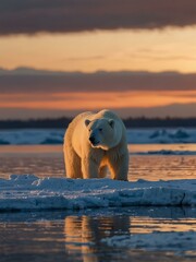Wall Mural - a majestic polar bear on an ice floe at sunset, showcasing its natural habitat.