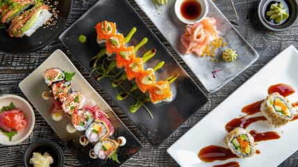 Poster - Assorted sushi rolls artfully presented on modern plates with sauces and garnish