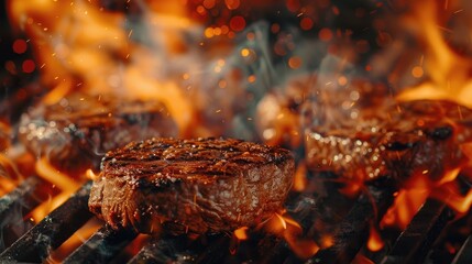 Poster - grilling steaks on flaming grill and shot with selective focus