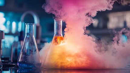 Two beakers filled with colorful liquids, one with a cloud of smoke around it, on a table in a laboratory.