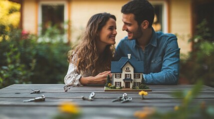 Poster - A couple is sitting on a table with a model house in front of them