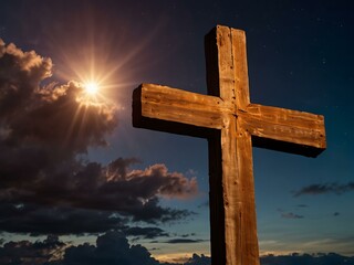 A radiant cross shines in the dawn sky, symbolizing resurrection and hope.