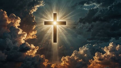 A radiant cross shines through clouds, representing faith and resurrection.