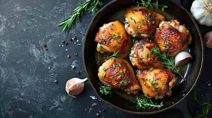 Poster - garlic rosemary thyme herbed fried chicken thighs on skillet on concrete table vertical view from above close up