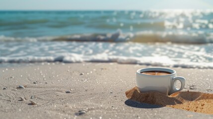 Serene morning coffee break with an elegant espresso in a white cup on a sandy beach surrounded by the simplicity and minimalistic beauty of a summer vacation