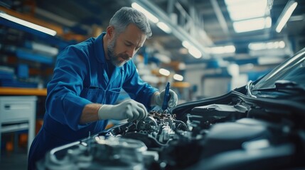 Poster - A mechanic working on a car engine in a workshop, focusing on repairs and maintenance.