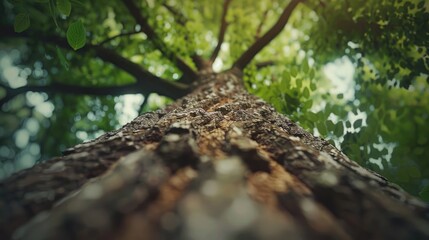 Poster - This photo captures an upward view of a tree trunk with textured bark leading to a canopy of leaves and branches The muted tones of green and brown create a serene and natural atmosphere