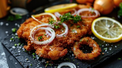 Poster - Traditional deep fried schnitzel with lemon slices and onion rings served as close up on a black tray with copy space