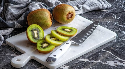 Poster - Whole and sliced kiwi fruits and a kitchen ceramic knife a scrubber on a cutting board on the kitchen stone table Healthy food Top view