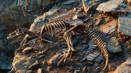 Bones and body of a dinosaur excavated on a rock