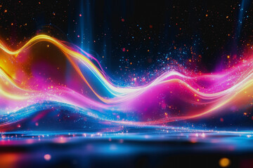 Poster - Futuristic neon waves and glowing particles in a surreal, cosmic dreamscape of digital energy