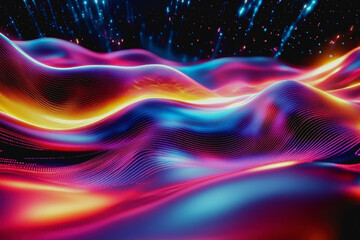 Poster - Futuristic neon waves and glowing particles in a surreal, cosmic dreamscape of digital energy