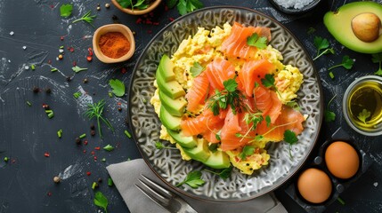 Poster - scrambled eggs with smoked salmon and avocado healthy breakfast on restaurant table