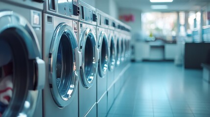 A row of washing machines in a laundromat, showcasing a clean and organized space.