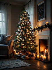 a stylish christmas interior with elegant decor and a lit tree.