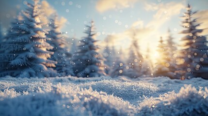 Poster - white snow lies on a flat surface the texture of a snowdrift beautiful winter landscape snow covered fluffy fir trees walks in the winter white forest snowfall