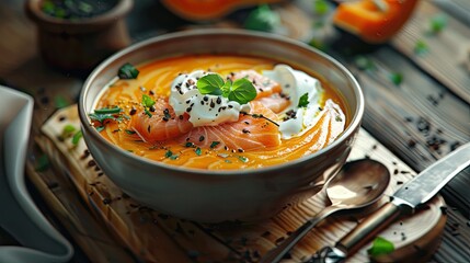 Poster - bowl of pumpkin krum soup with salmon and cream on wooden table