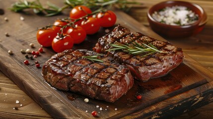 Poster - Succulent thick juicy portions of grilled fillet steak served with tomatoes on an old wooden board