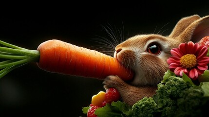 Bunny's Carrot Feast: A delightful close-up of an adorable bunny rabbit happily munching on a large, juicy carrot, surrounded by fresh greens and a vibrant flower.