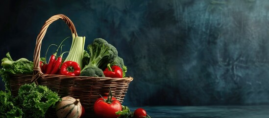 Fresh vegetables in a basket. Copy space image. Place for adding text and design