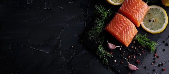 Poster - Two slices of salmon on a dark backdrop accompanied by lemon slices peppercorns and dill sprigs with space for text. Copy space image. Place for adding text and design