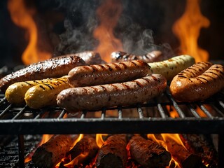 A variety of sausages and meats grill over a hot barbecue, surrounded by smoke and flames that enhance flavor.