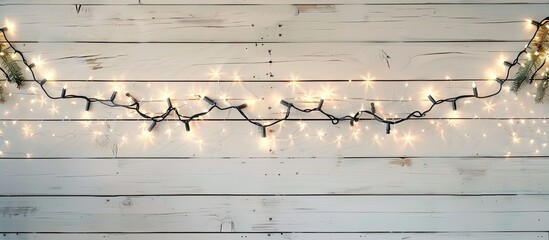 Wall Mural - Lovely Christmas lights on a white wooden surface. Copy space image. Place for adding text and design