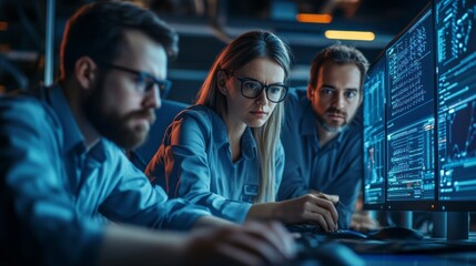 Poster - Three people are working on a computer screen, with one woman wearing glasses
