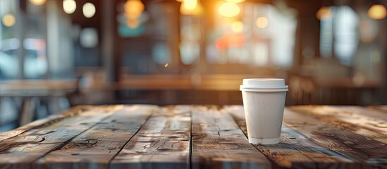 Poster - Empty cup on a wooden table with a blurred background. Copy space image. Place for adding text and design