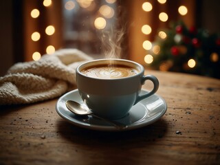 Wall Mural - A warm winter coffee moment surrounded by cheerful decorations and lights.