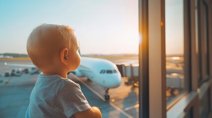 Canvas Print - Little baby boy waiting boarding to flight in airport transit hall and looking through the window at airplane near departure gate. Active family lifestyle, travel by air with child on summer vacation 