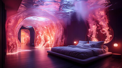 Poster - Dreamy Bedroom with Glowing Underwater Ceiling