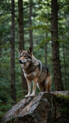 Wall Mural - a wild wolf perched on a rock in the forest.