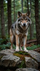Wall Mural - a wild wolf perched on a rock in the forest.